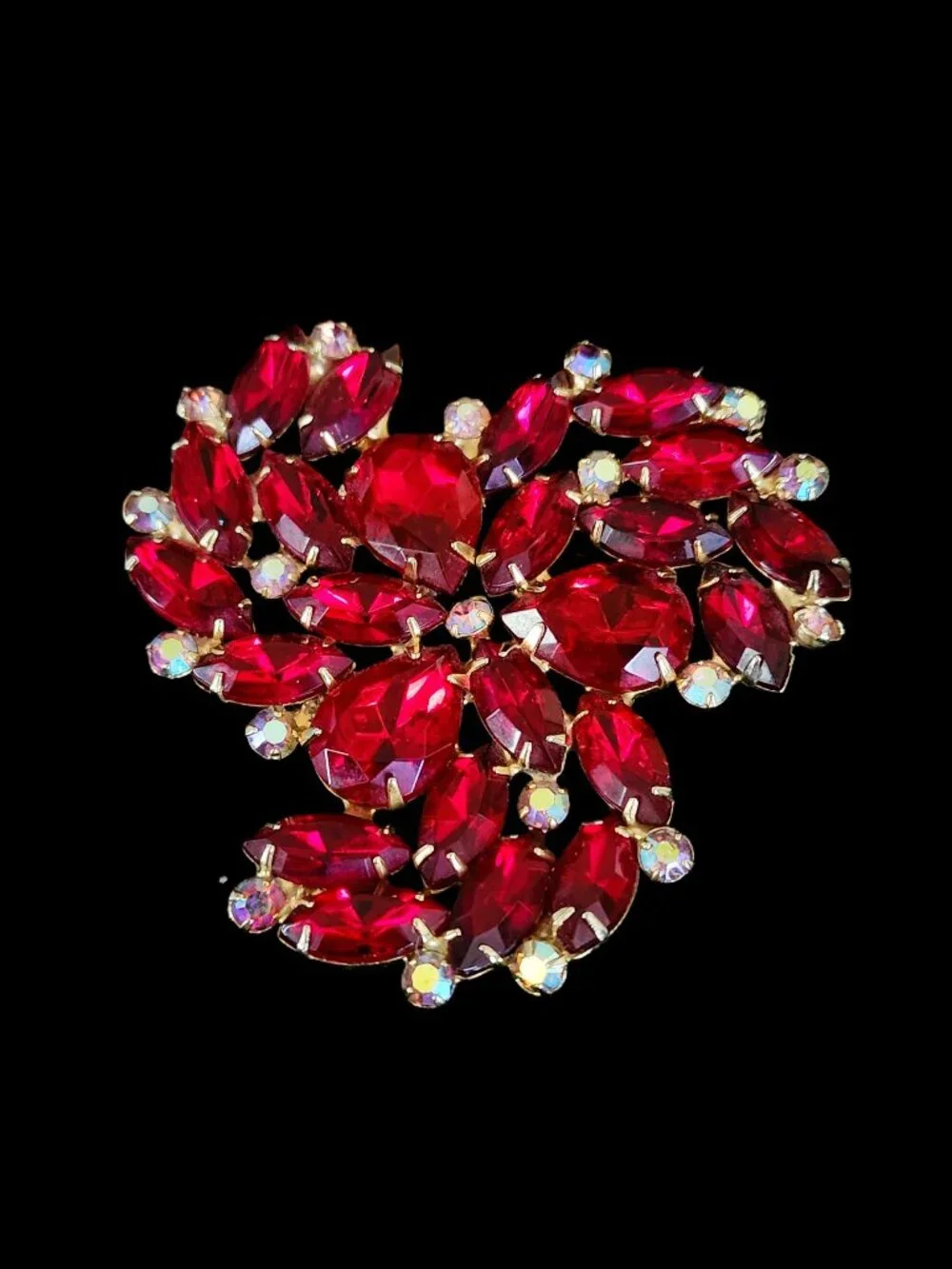 VTG Mid-Century Ruby Red & AB Rhinestone Statement Brooch Pin 2.75